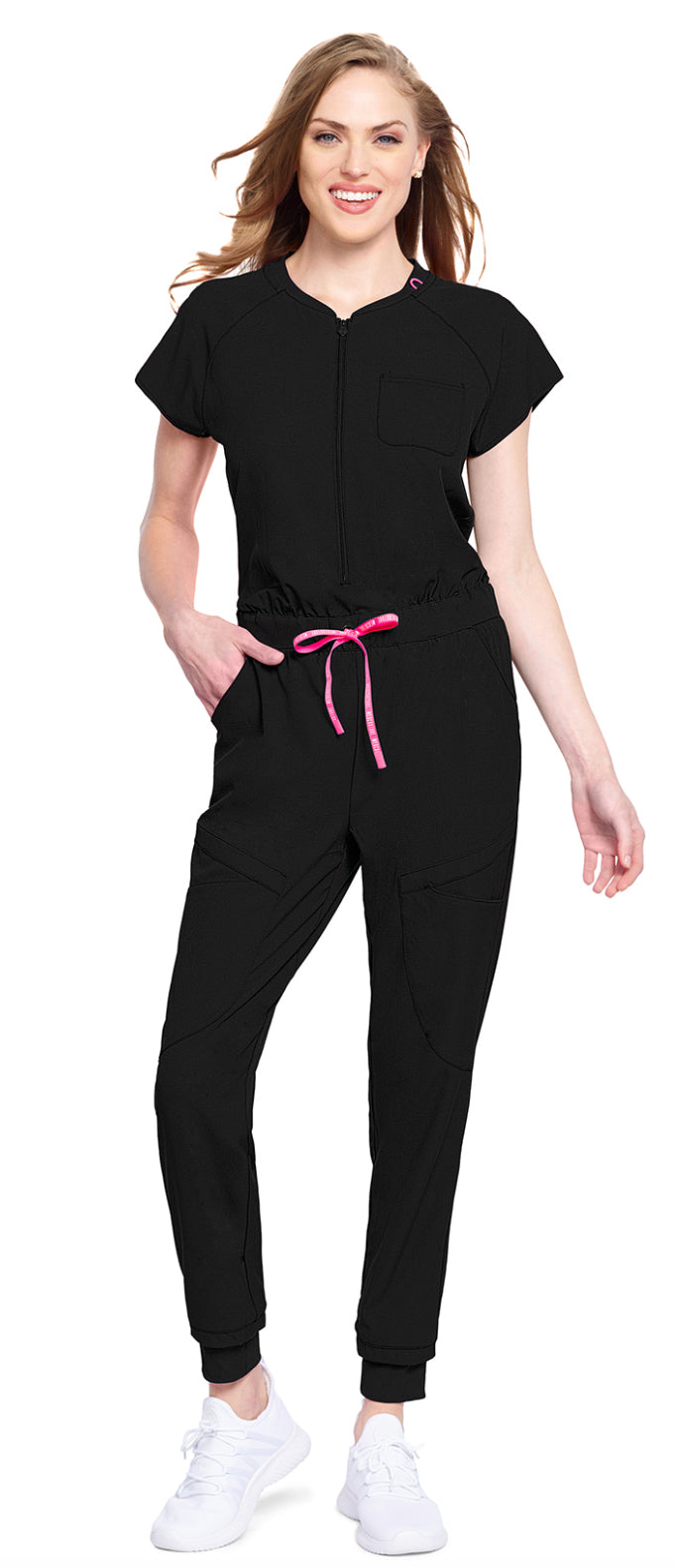 Med Couture Amp Women's 5-Pocket STRETCH Zip Front Storm Cuff V-Neck Jumpsuit